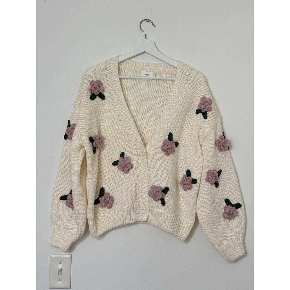 Luna Ivy Floral Appliqué Cropped Cardigan Sweater Women’s Cottagecore Boho XS - Picture 2 of 13